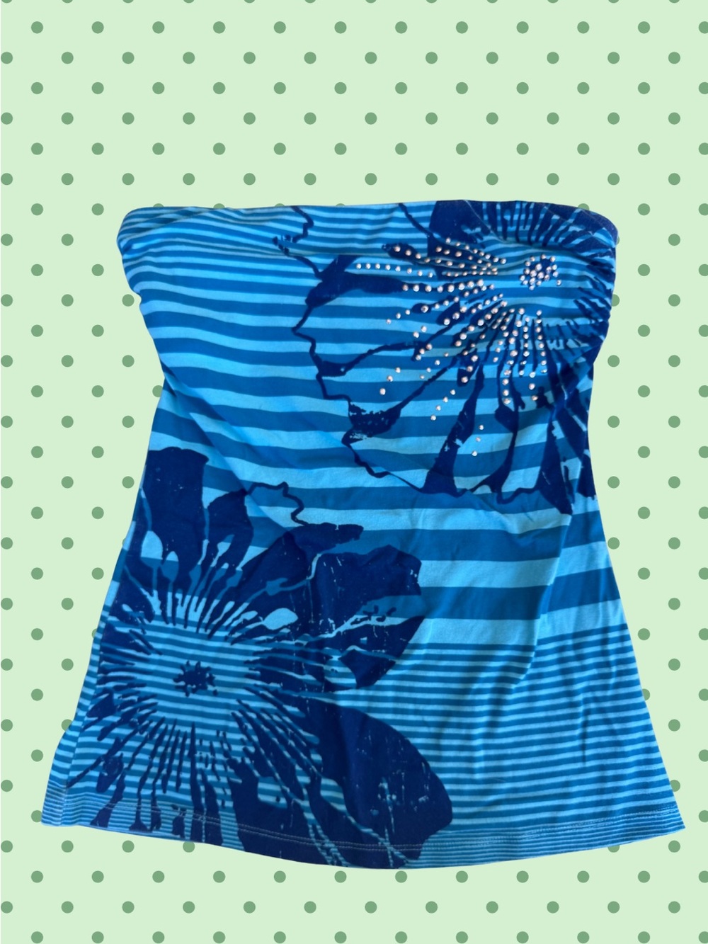 FANG Y2K Blue Floral Rhinestone Strapless Tube Top